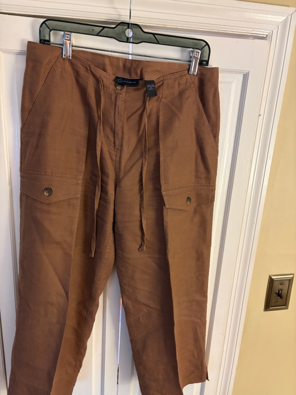 Context Women's 100% linen Brown Cropped Cargo Drawstring Pants